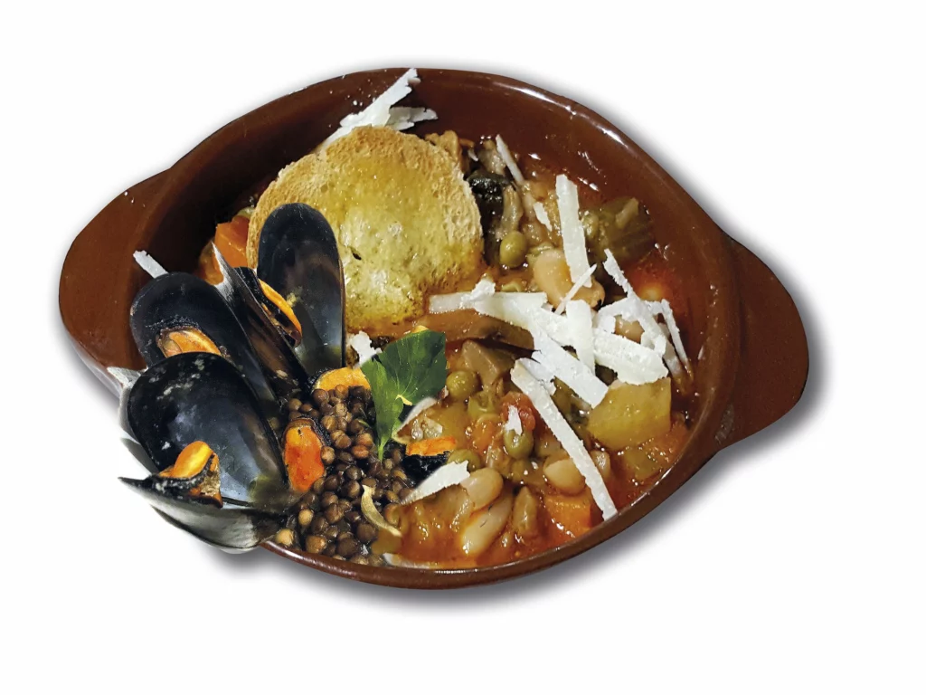 zuppa-lenticchie e cozze-crostone